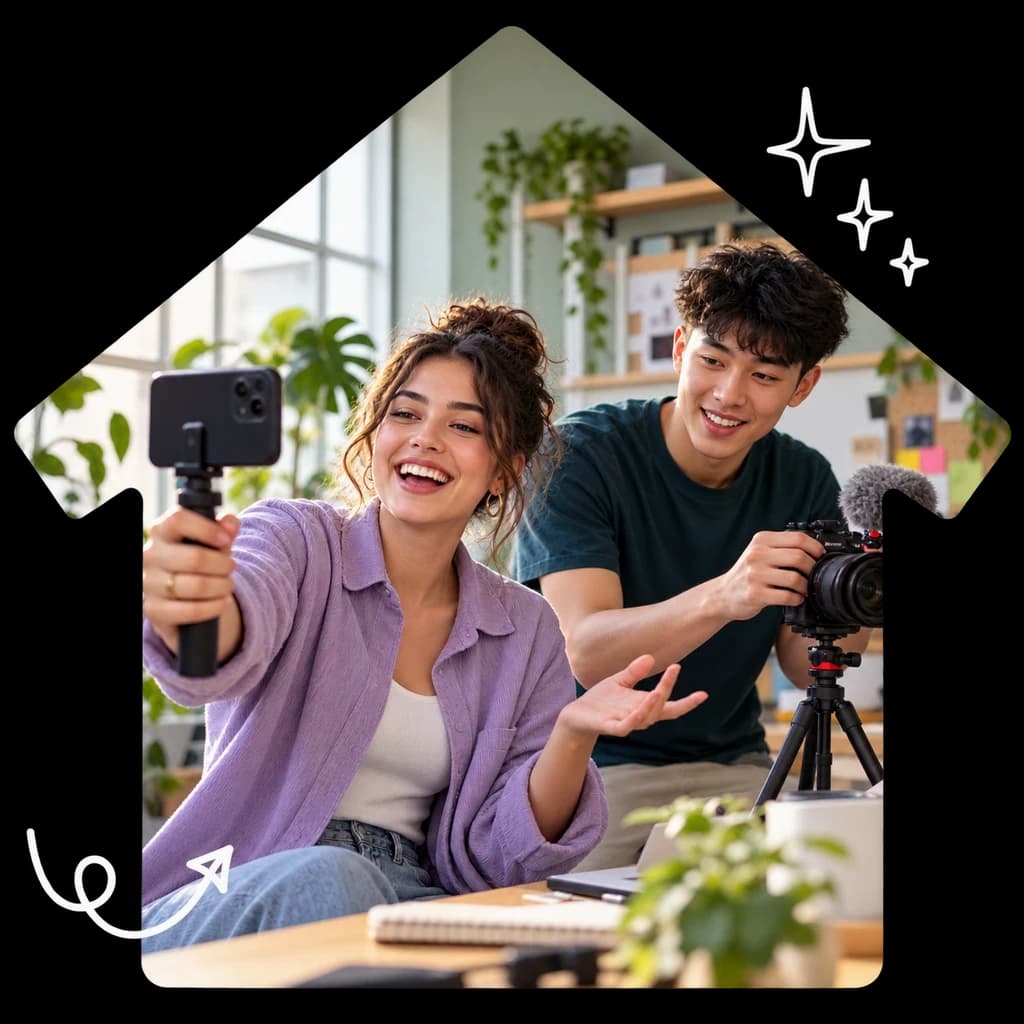 Two creators filming short-form content together in a bright studio